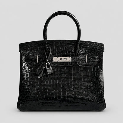 Hermès Birkin 30 Croco Porosus Noir Palladium — Hauptansicht Vorderseite | Luren Authentisch
