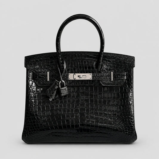 Hermès Birkin 30 Croco Porosus Noir Palladium — Hauptansicht Vorderseite | Luren Authentisch